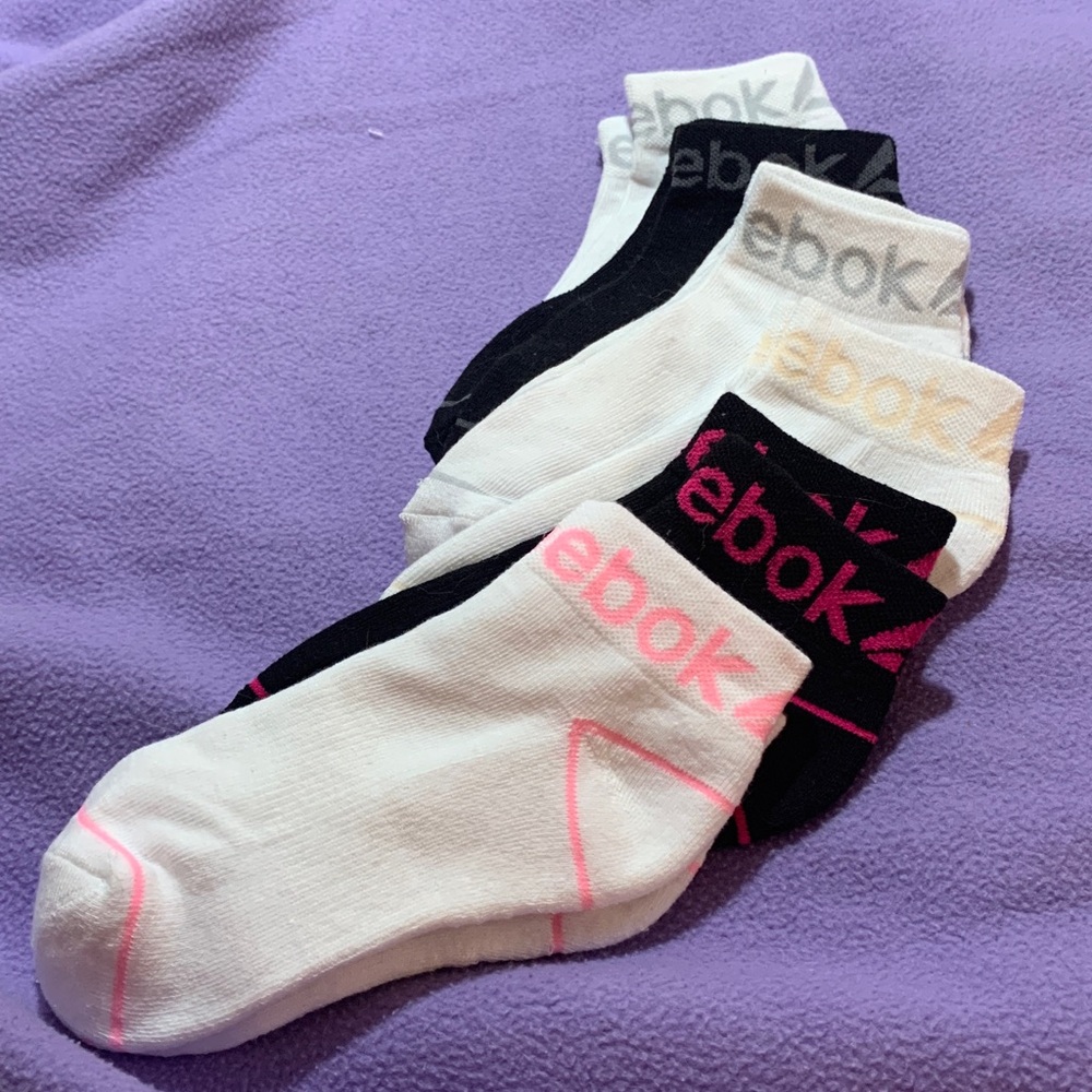 6 pair Reebok Athletic Ankle Socks - Black, Pink, and White